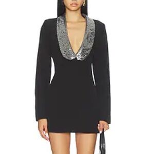 superdown Black Mini Dress with Silver Sequin Deep V Collar